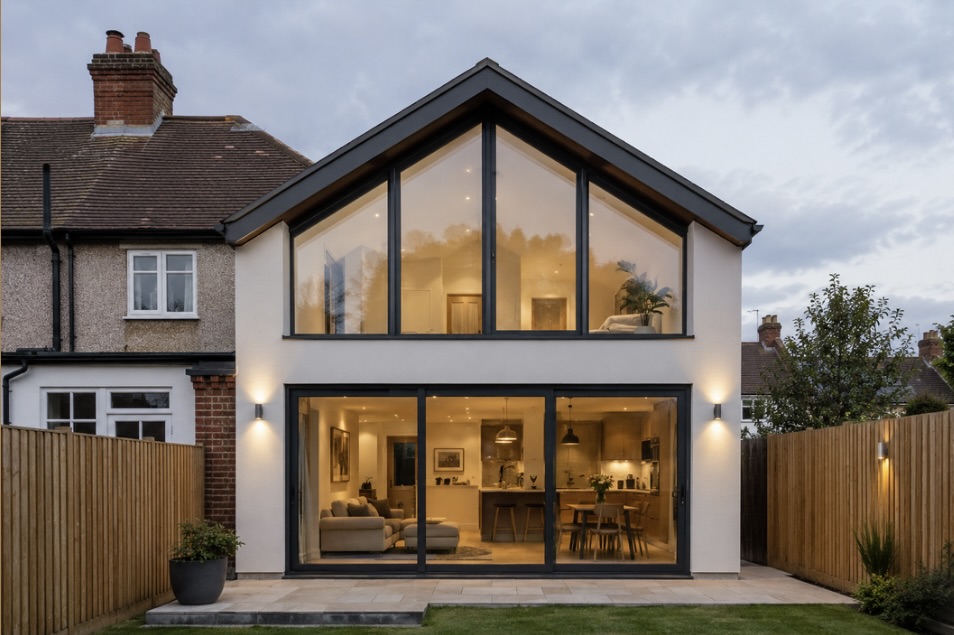 Rendered and brick double storey extension with slate roof and large aluminium glazing to the garden